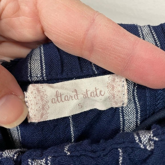 ALTAR'D State Cara Navy Striped Off Shoulder Ruffle Linen Blend Jump Suit, Small - Picture 7 of 9